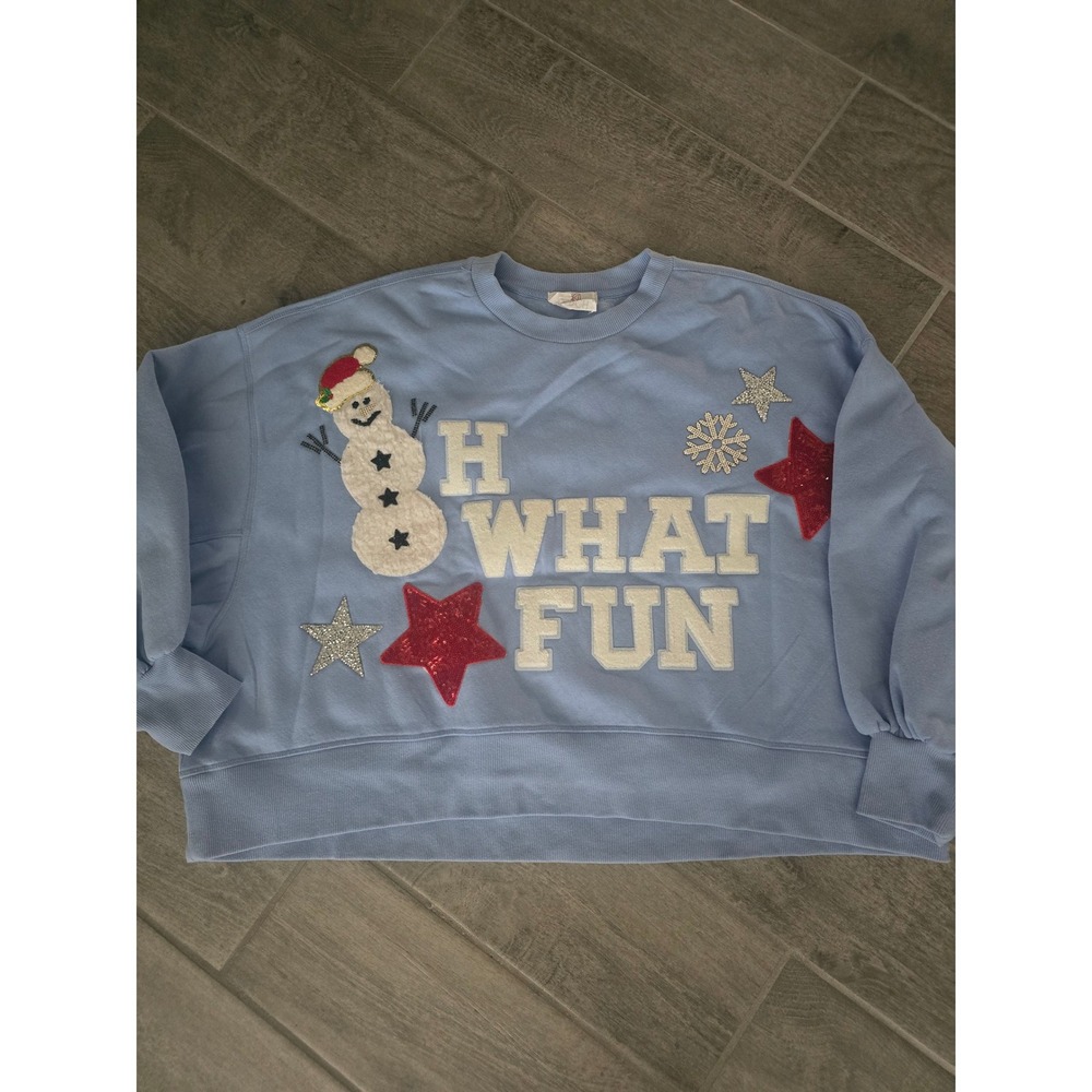 Judith March Oh What Fun Christmas Snowman Sequin Sweatshirt Blue XL Holiday